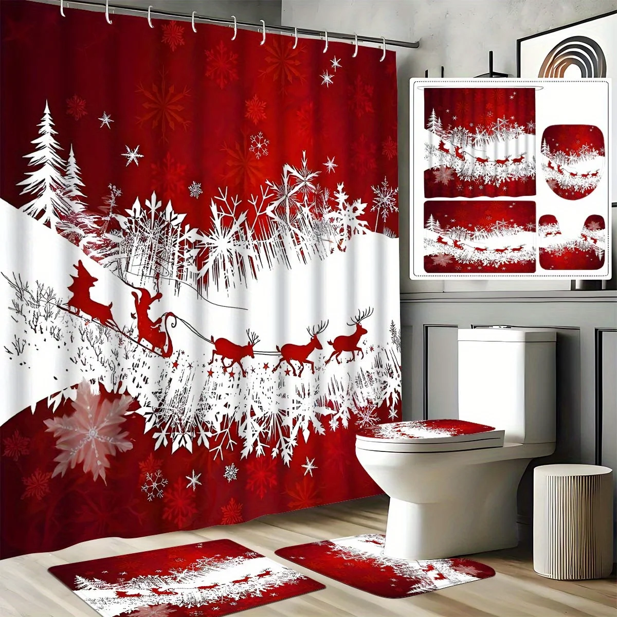 

Набор занавесок для душа с принтом лося Санта-Клауса, нескользящими ковриками и чехлом для унитаза, нейлон, который можно стирать в машине, для рождественского декора