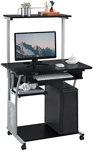 

3 Tier Computer Desk with Printer Shelf and Keyboard Tray, Office Desk Computer Workstation Rolling Study PC Laptop Table for S