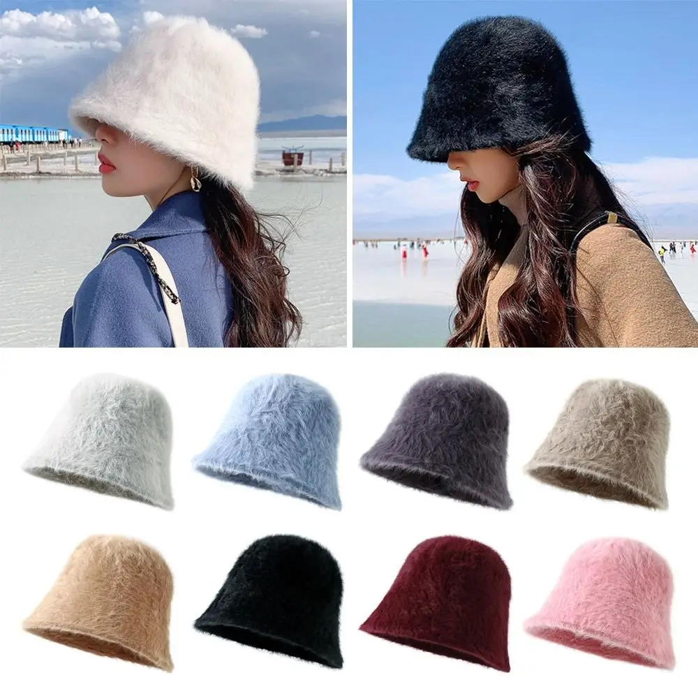 Winter-Outdoor-Plüsch-Bucket-Hat, warme, einfarbige, gestrickte Fischerbaskenmütze, pelziger Panama-Hut, Retro-Mode, Damen-Fischerhut