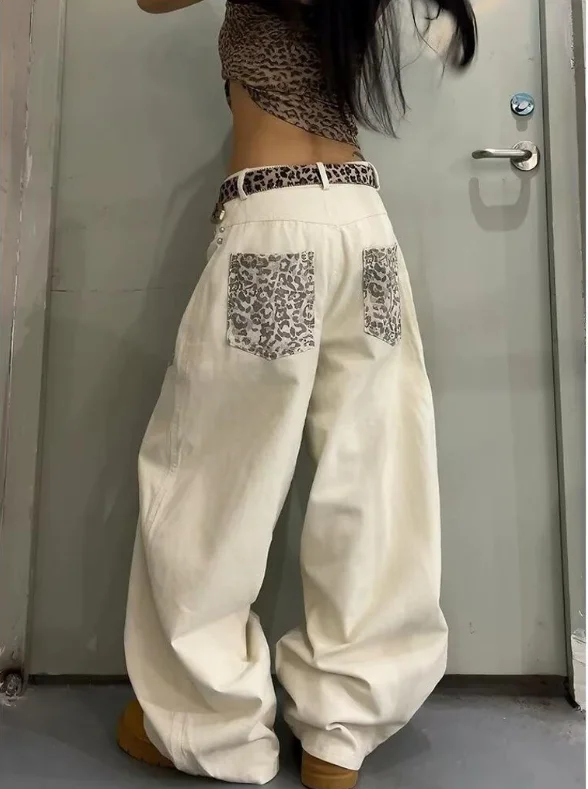 New Leopard Print Patchwork Jeans For Men And Women New Rivet Loose Wide-leg Floor-length Pants Gothic Alternative Fashion