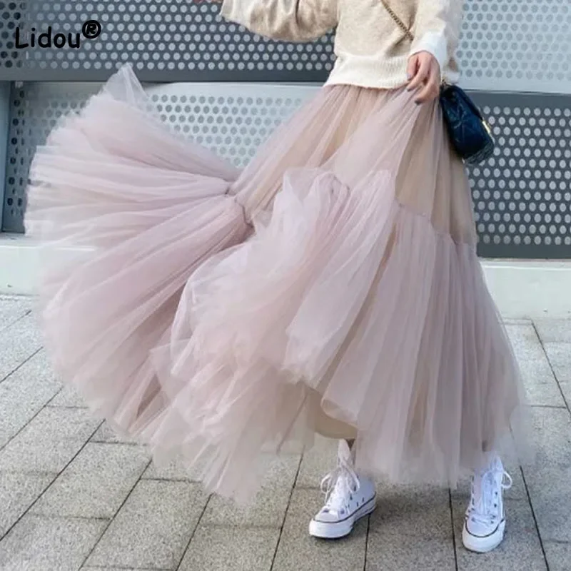 

Korean All-match Female Solid Color Mesh Ball Gown Skirt Elegant Fashion Spliced High Waist Fairy Skirts Summer Women's Clothing
