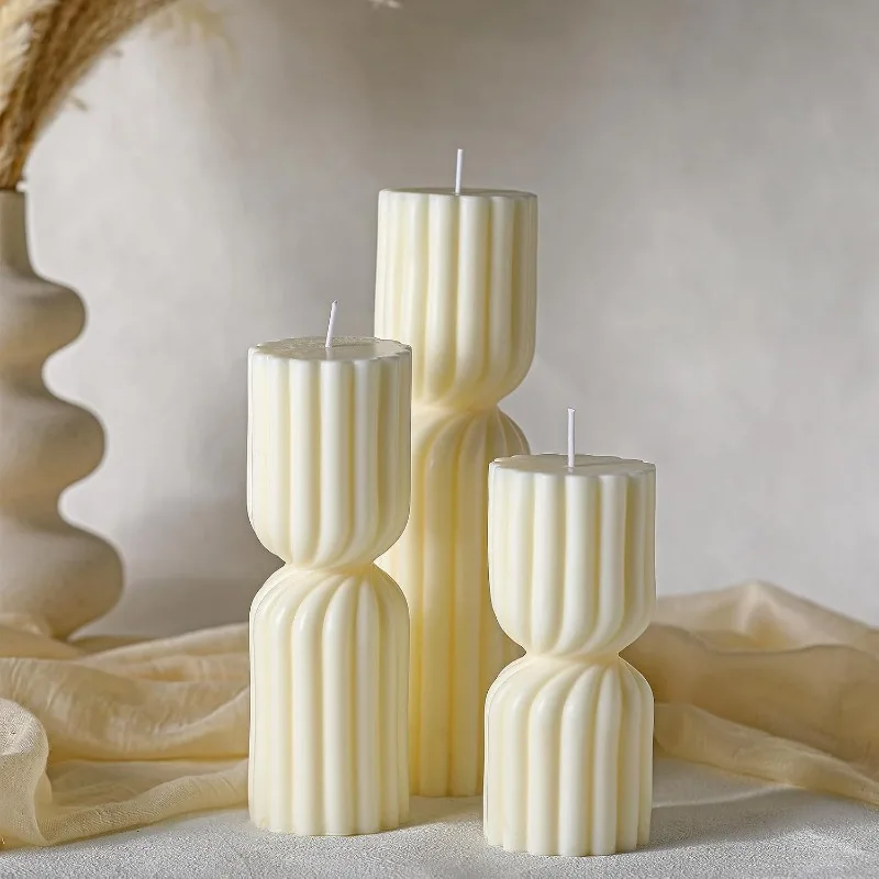 Set of 3 Handmade Natural Soy Wax Ribbed Pillar Candles - Scented White Decorative Candles with Vertical Ridges, Multi-Height