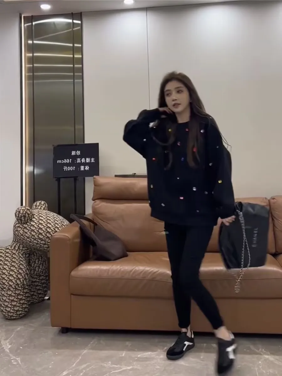 Women's round Neck Embroidered Fleece Lined Sweatshirt Casual Loose Style Autumn Winter New Fashion Comfortable Cotton Polyes...
