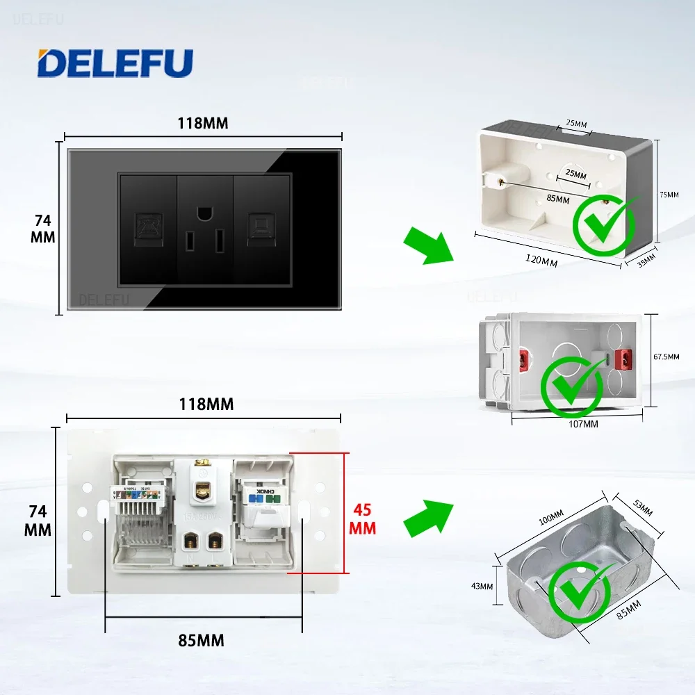 DELEFU glass black panel American Standard series 118*74mm wall computer combination socket switch