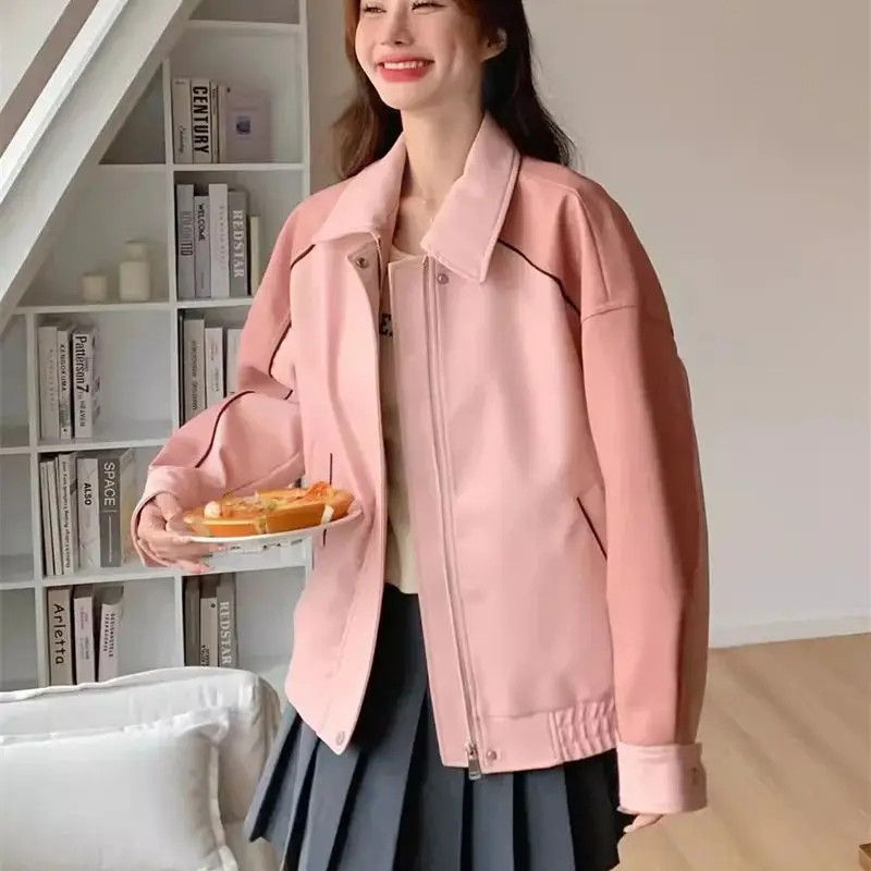 Veste courte en cuir pour femme, manteau rose, petit et doux, style cool, réduction de l'âge à la mode, WF, printemps et automne, nouveau, 2024