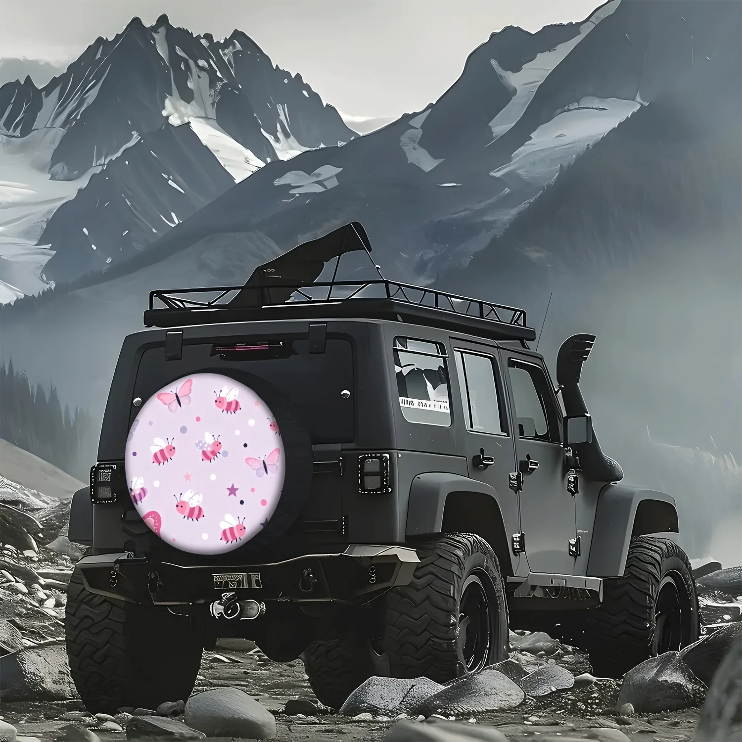 Pink Cute Bee Butterfly Spare Tire Cover Universal Fit Waterproof SUV Truck Wheel Protector