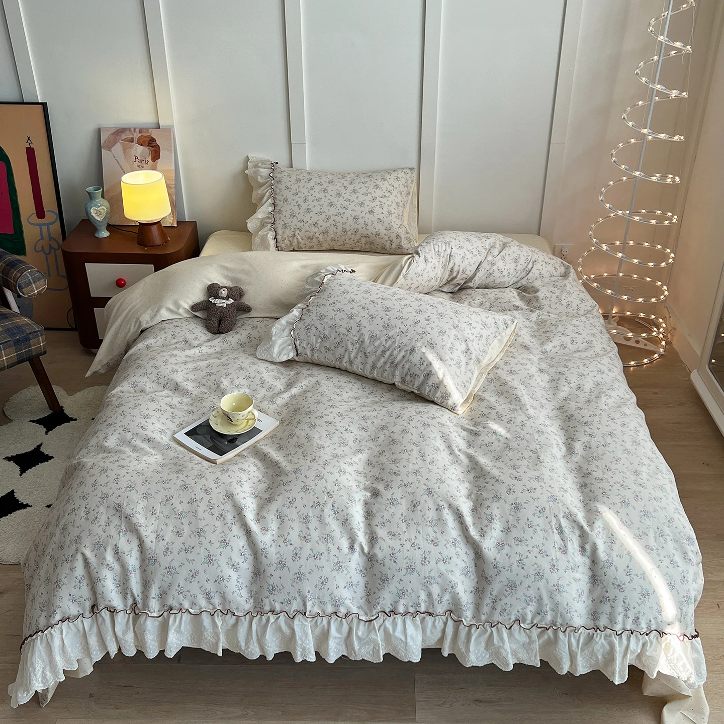 100% Cotton Korean Princess Style Lace Ruffles Flower Print Bedding Set Duvet Cover Set Flat/Fitted Bed Sheet Pillowcases 3/4Pcs