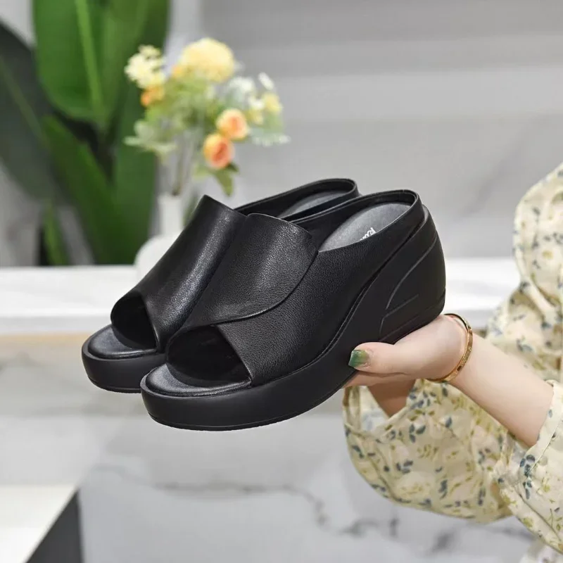 2024 Summer New Open Toe Sexy Solid Thick Sole Slope Heel Slippers for Women Outwear Comfortable Women\'s Single Shoes Sandals