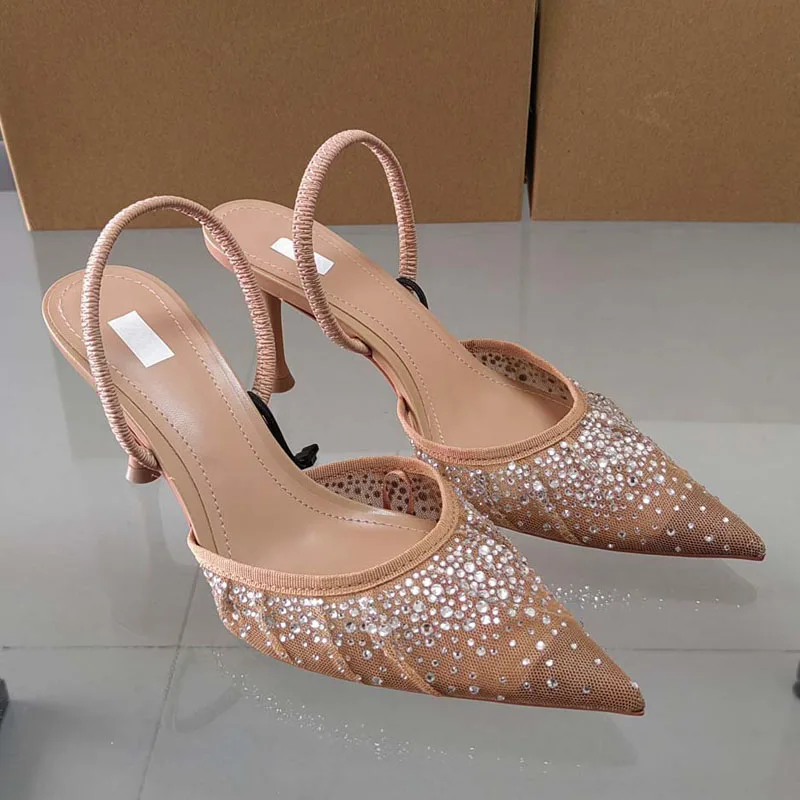 PSEEWE 2024 seksowna siatka Rhinestone damskie czółenka buty letnie Slingback sandały na wysokim obcasie kobieta szpiczaste eleganckie buty damskie