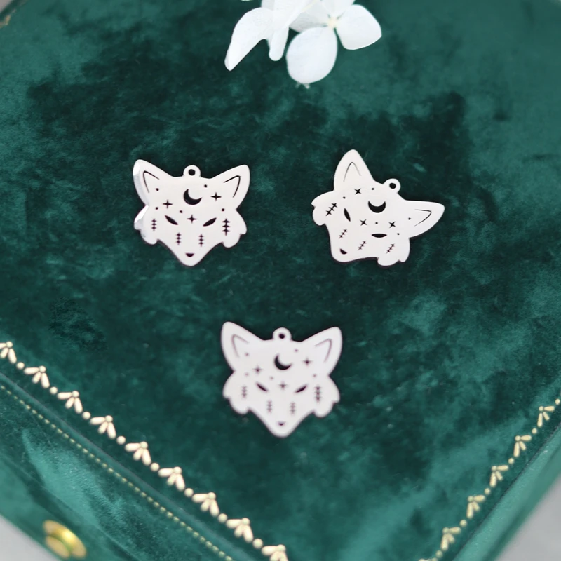 3PCS Fox Charms for Jewelry Making DIY Tassels Bracelets Crescent Moon Skyful Star Wolf Head Stainless Steel Pendant Earrings
