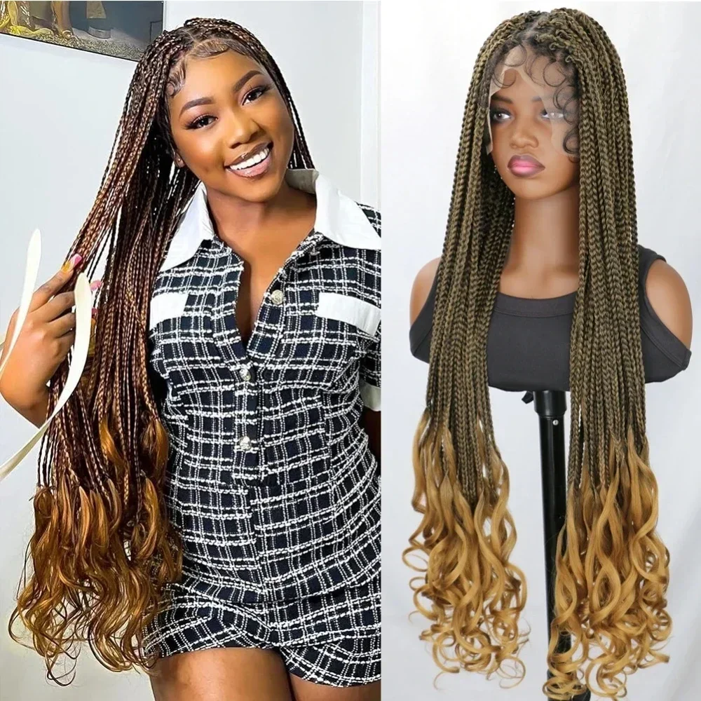 Parrucche intrecciate a scatola per donne nere Sintetiche Boho senza nodi Estremità ondulate Frontale in pizzo pieno Trecce afro Capelli 36 "Parrucca per capelli per bambini Uso quotidiano