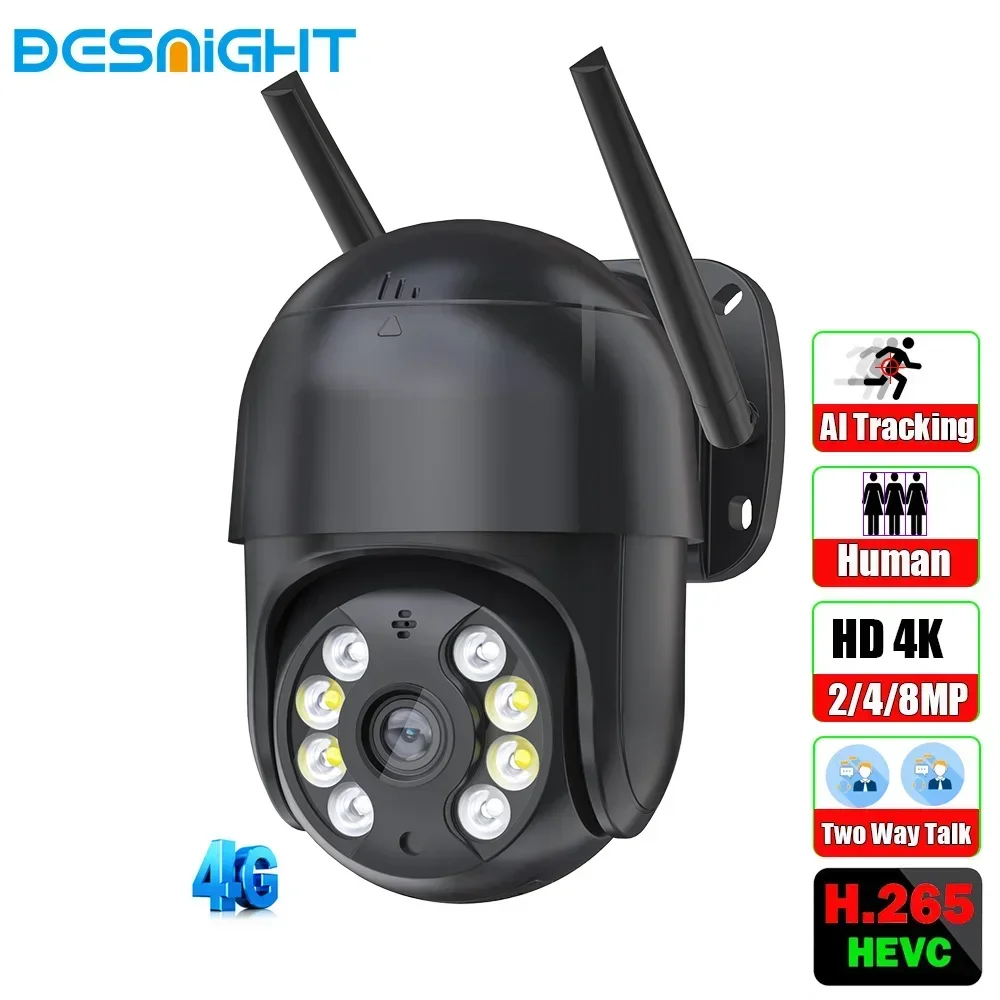 8MP 4MP 4G SIM Camera AI Human Tracking Wifi PTZ Camera Outdoor Color Night Vision Wireless Speed Dome Surveillance Camera