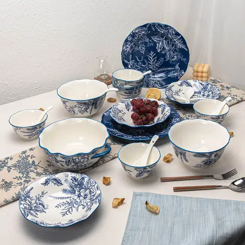 Chinese Retro Blue and White Tableware Set, Light Luxury High-end Ceramic Bowls and Plates, Household Plates, Rice Bowls