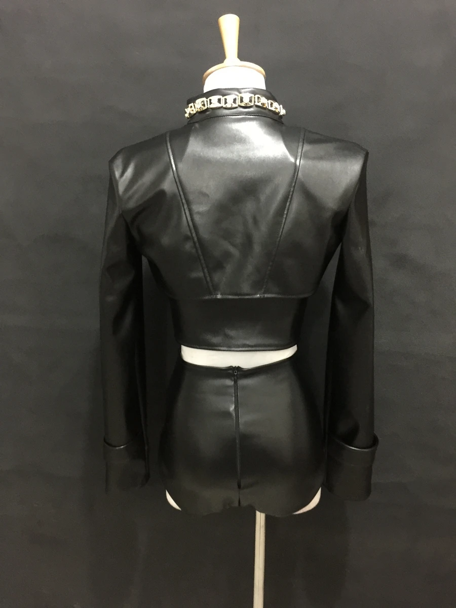 Sexy feminino couro do plutônio preto biquíni colete desempenho roupas jazz hiphop trajes de dança boate festa cantor equipes outfit