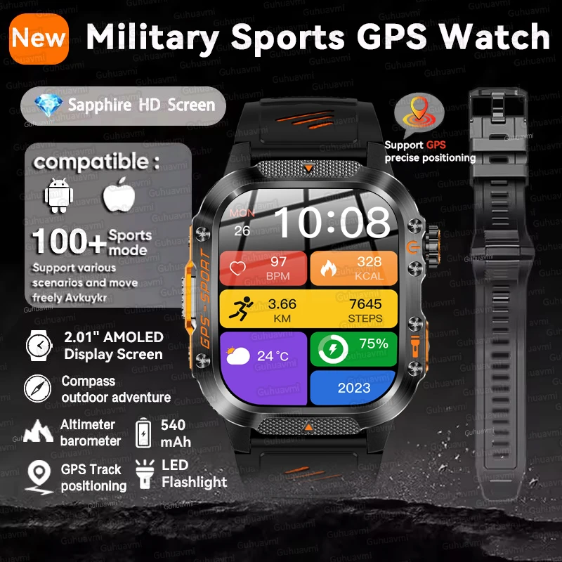 

2025 Военные спортивные GPS-часы с 2,01 дюйма AMOLED-экраном SmartWatch Встроенный GPS Водонепроницаемый компас 540 мАч Батарея BT Call Smartwatch
