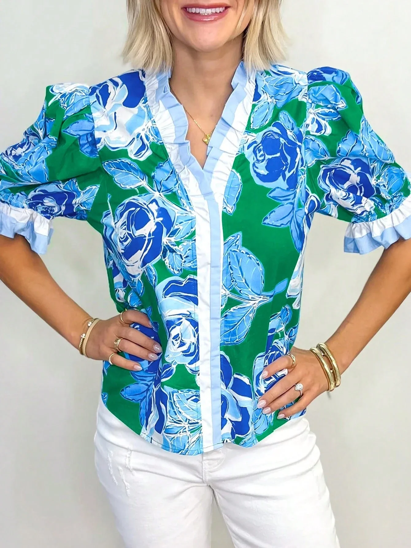 

Casual V-Neck Ruffle Hem Short Sleeve Floral Printed Blouse Summer