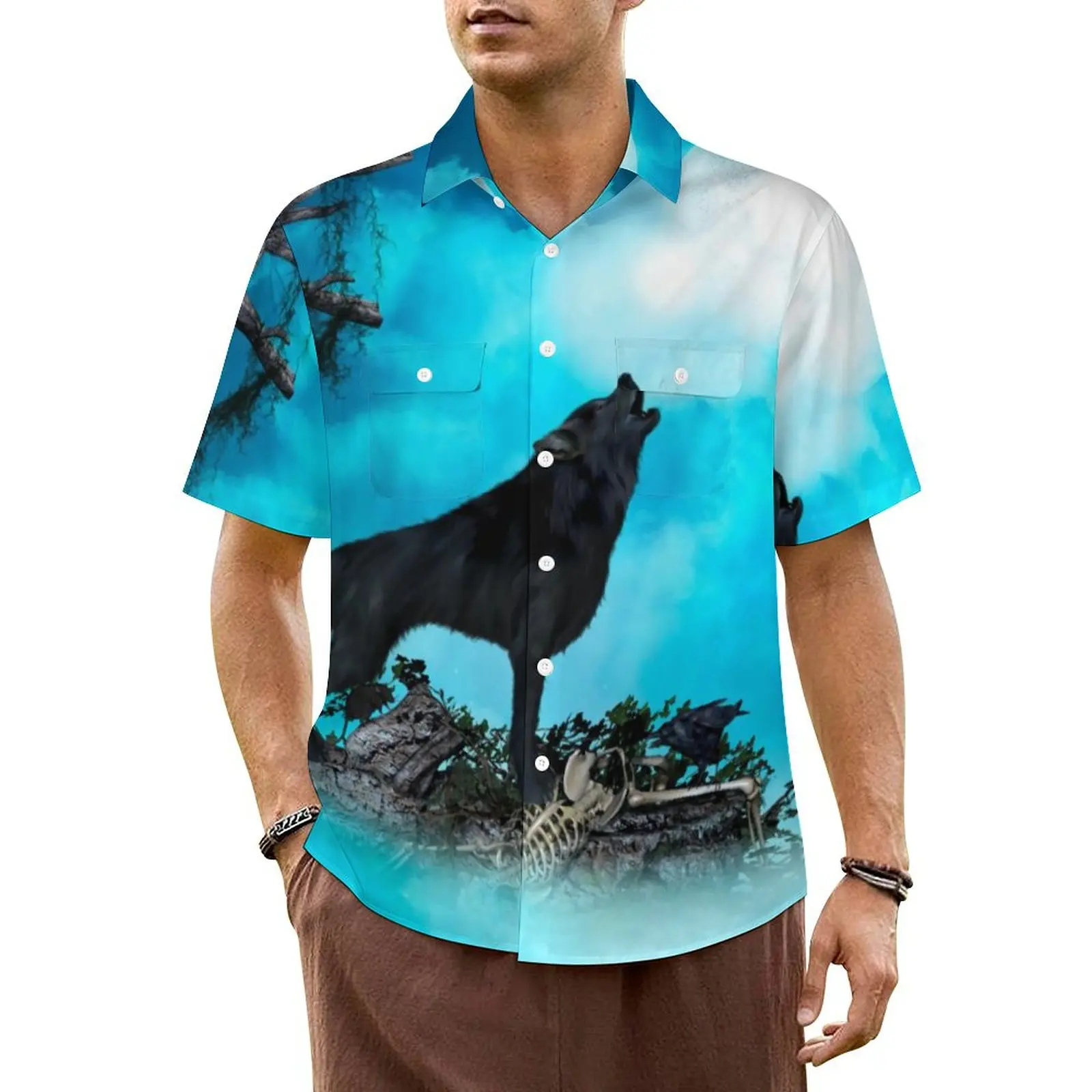 

Hawaiian Shirt Beach Awesome Wolf Blouses Night Moon Novelty Casual Shirts Men Short Sleeve Breathable Oversized Clothing