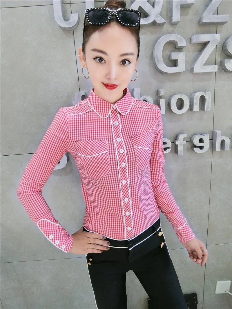 0 Autumn Long Sleeve Turn Down Collar Red Plaid Cotton Shirts Women Office Work OL Blue Plaid Shirts Lady Office Plaid Tops