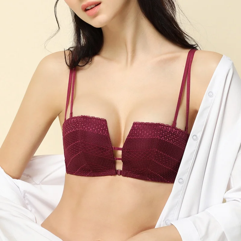 

New Hollow-out Lace Front Buckle Backless Bra Magnetic Buckle Half Cup Wireless Underwear All-Matching68bra