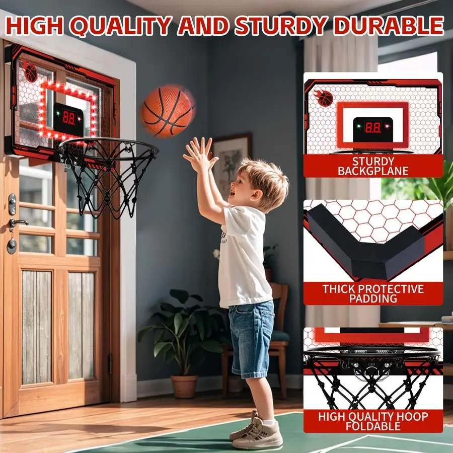 Basketball Hoop Indoor, Over The Door Basketball Hoops with Led Lighting, Mini Hoop with Electronic Scoreboard amp 3 Balls, Outd