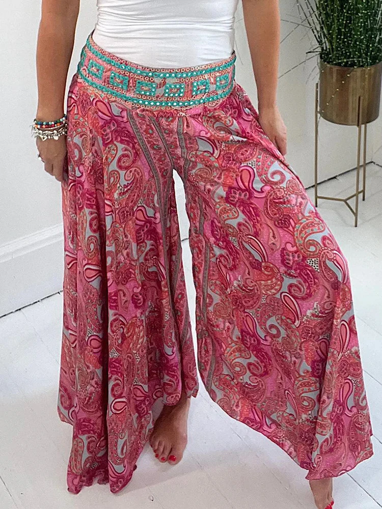 

New Holiday Wide Leg Pants Spring Summer Printed Women Loungewear Trousers Bohemian High Elastic Waist Fashion Ladies Streetwear