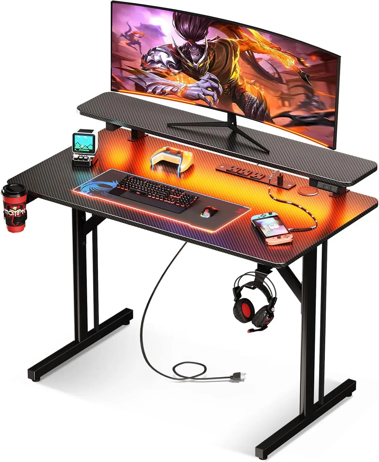 Small Gaming Desk with LED Lights & Power Outlets, 31 Inch Computer Desk Gaming Table with Monitor Shelf, Carbon Fiber Texture