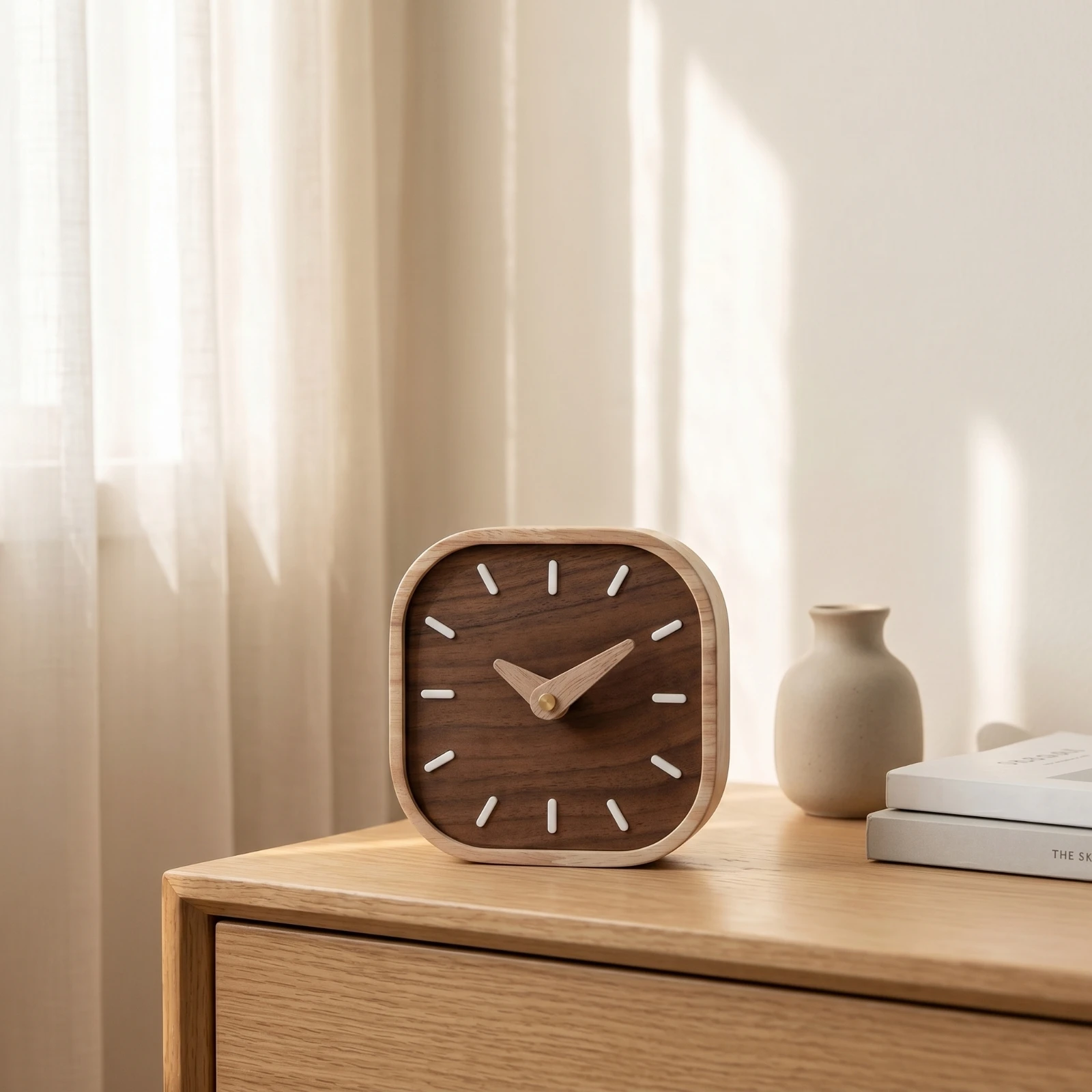 Wood Clock with Walnut Face Nordic Wooden Clock Stylish Contemporary for Minimalists, Desk, Bedside Table Wooden Timepiece