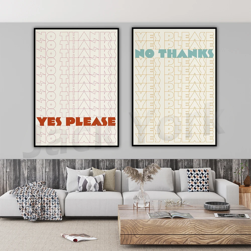 YES PLEASE Quote Wall Art Print, ,NO THANKS Retro Quote Wall Art Print, Fun Sayings Wall Art, Retro Font Style Art,Boho Wall Art