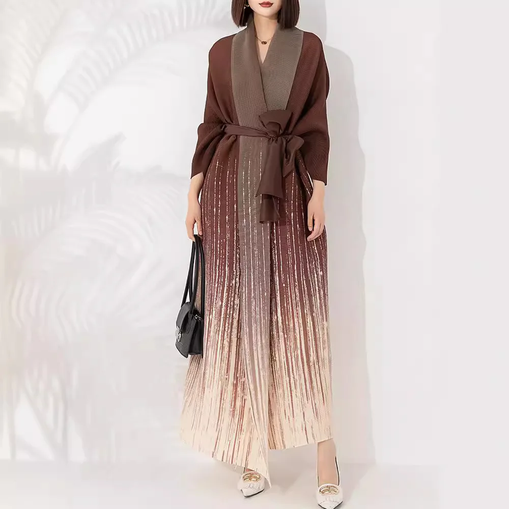 Miyake Pleated Gradient Long Trench Women Batwing Sleeve Lace-up Gathered Waist Windbreaker Fashion 2024 Summer New