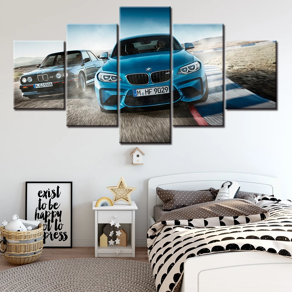 5 Pieces Canvas Wall Arts Poster Painting Blue Racing Car Wallpaper Picture Print Home Decor For Living Room Interior Artwork