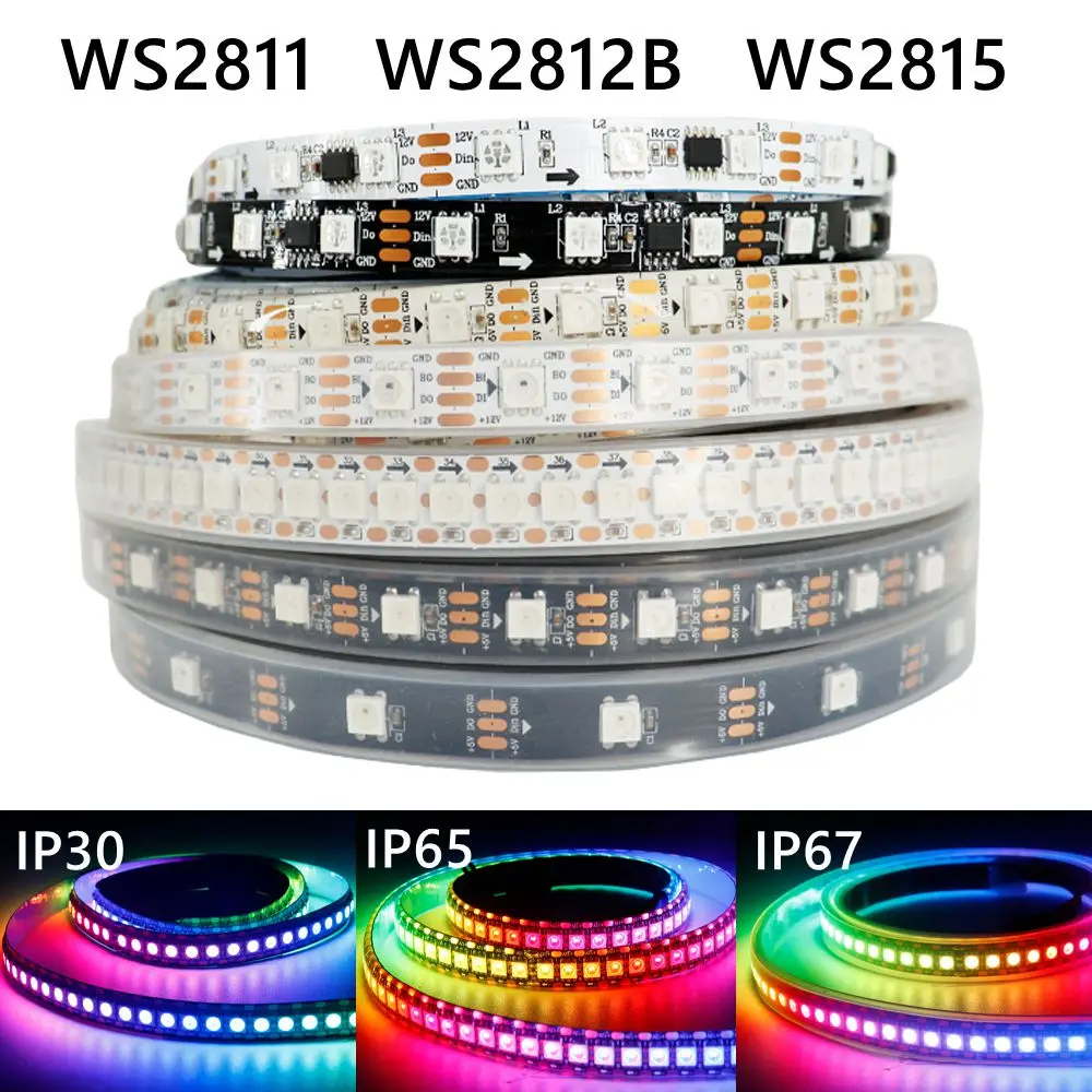 WS2812B WS2811 WS2815 5050 RGB Smart LED Strip Lights Individually Addressable IC 30/60/144Pixels/Leds/m DC5V/12V IP30/IP65/IP67