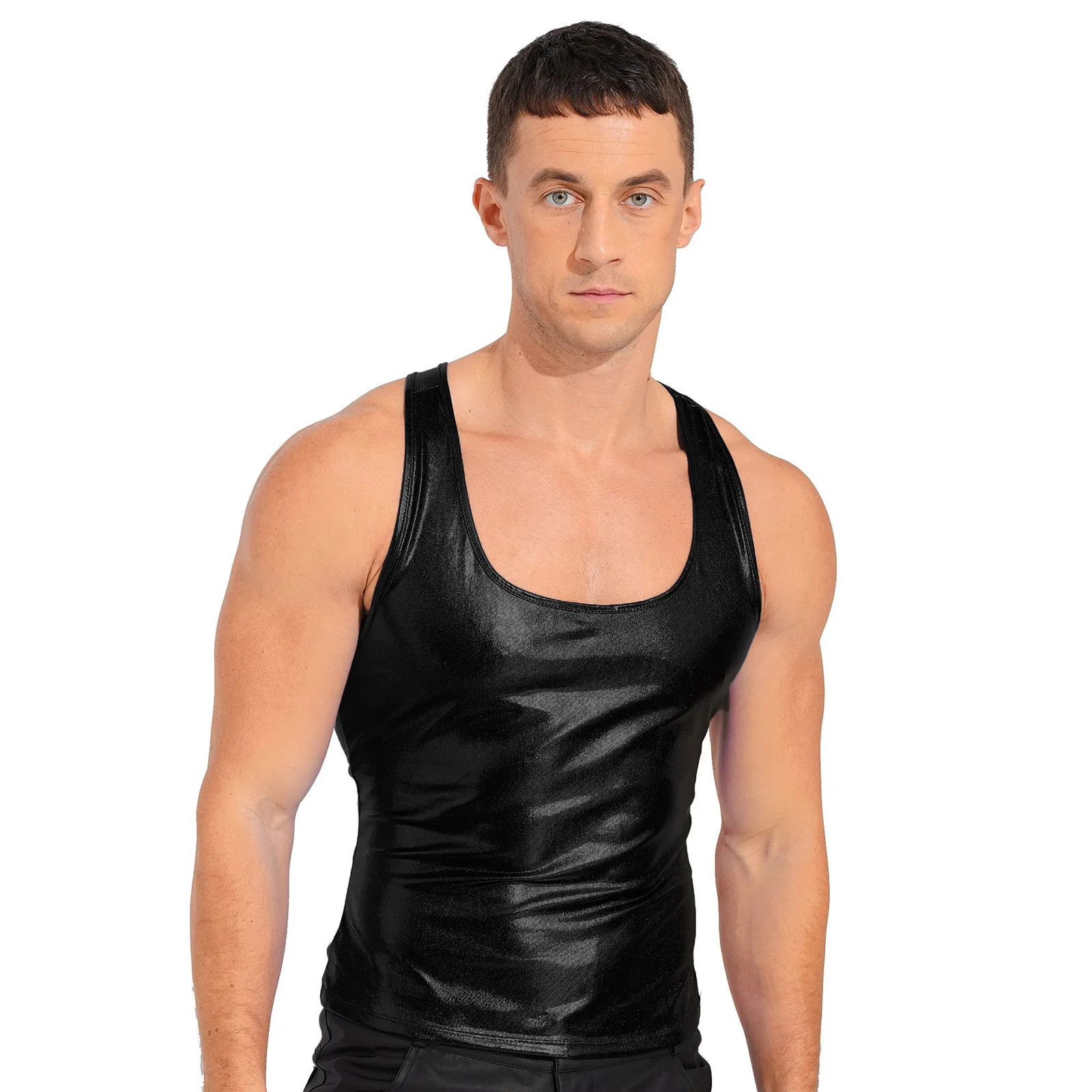 Mens Sleeveless Racer Back Slim Fits Camisole Tops U-neckline And Racer Back Tank Tops Cosplay Clubwear Shiny Metallic Vest Top