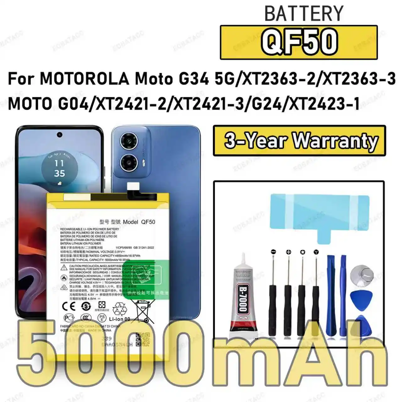 

100% New High Quality QF50 Battery For MOTOROLA MOTO G34 5G/XT2363-2/MOTO G04/XT2421-2/MOTO G24 Replacement Battery Bateria+Free