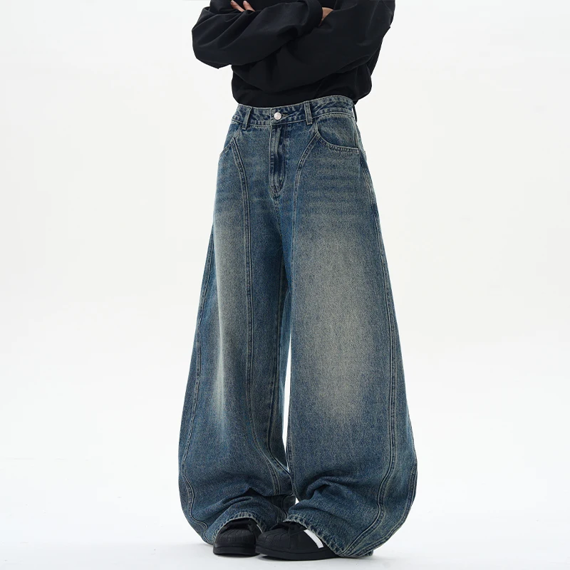 

Autumn American Retro Nostalgic Washed Splicing Jeans Men's Straight Tube Loose Curved Knife Pants Street HipHop Men's Clothing