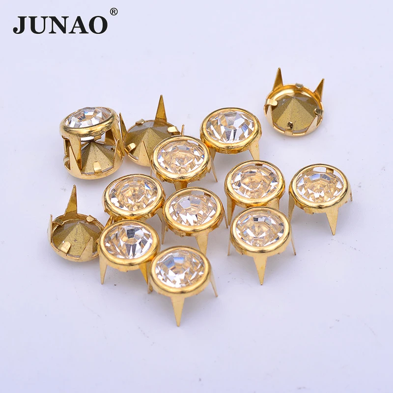 JUNAO 50Pcs 10mm Gold Rhinestone Rivet Metal Studs Spikes Decoration Rivet For Leather Clothes Shoes DIY Crafts