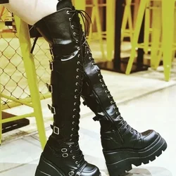 Brand Design Big Size 43 Shoelaces Cosplay Motorcycles Boots Buckles Platform Wedges High Heels Thigh High Boots Women Shoes