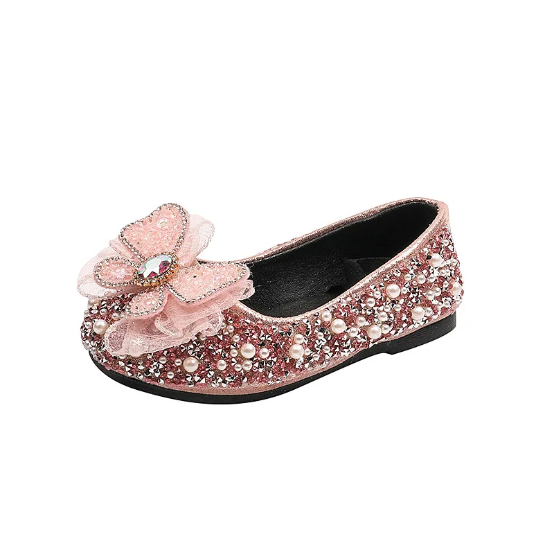 Girls Pearl Princess Shoes Student Spring Autumn New Children Glitter Bow Shoes Kids Wedding Party Leather Shoes J314