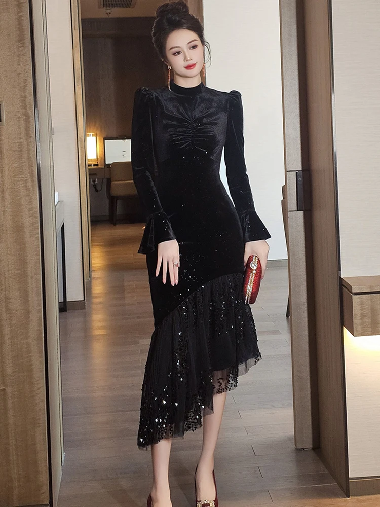 فستان حفلة موسيقية أنيق للمشاهير للنساء أنيق أسود لامع طيات بقماش شفاف وكشكشة ذيل السمكة رداء حفلة غير منتظم فيستدوس ربيعي #6