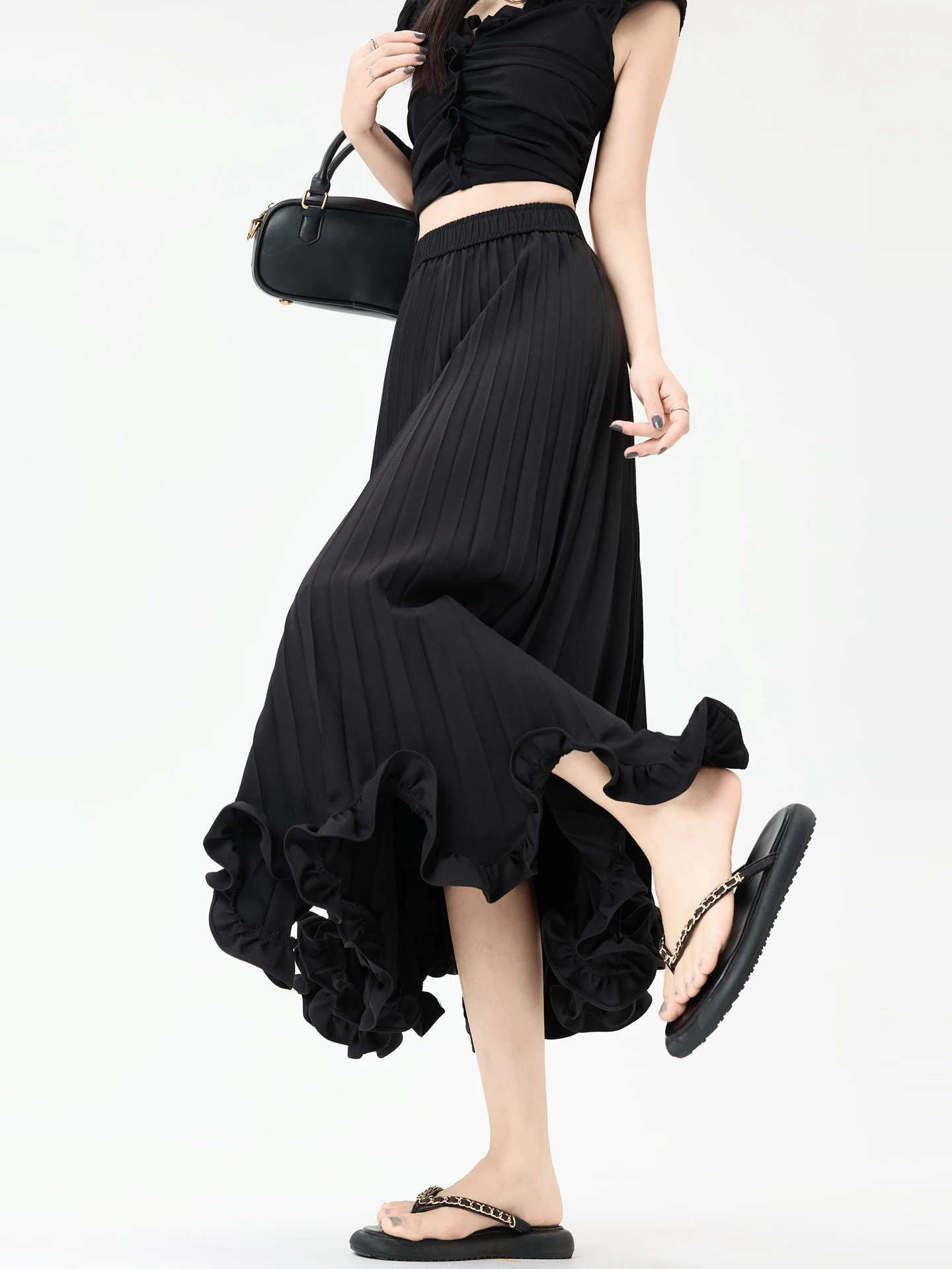 Ijs Zijde Bloemblaadje A-lijn Rok Dames Zomer Dunne High-End Gevoelens Plooirok Koreaanse Sle Woon-werkverkeer Casual Polyestervezel