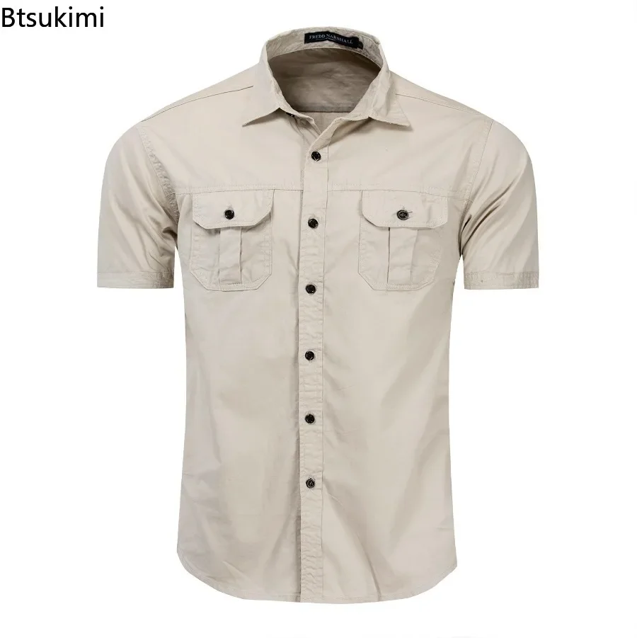 2024 New Men\'s Military Short-sleeved Shirt Summer 100% Cotton Safari Style Outdoor Sport Cargo Shirts Men Work Shirt Plain Tops