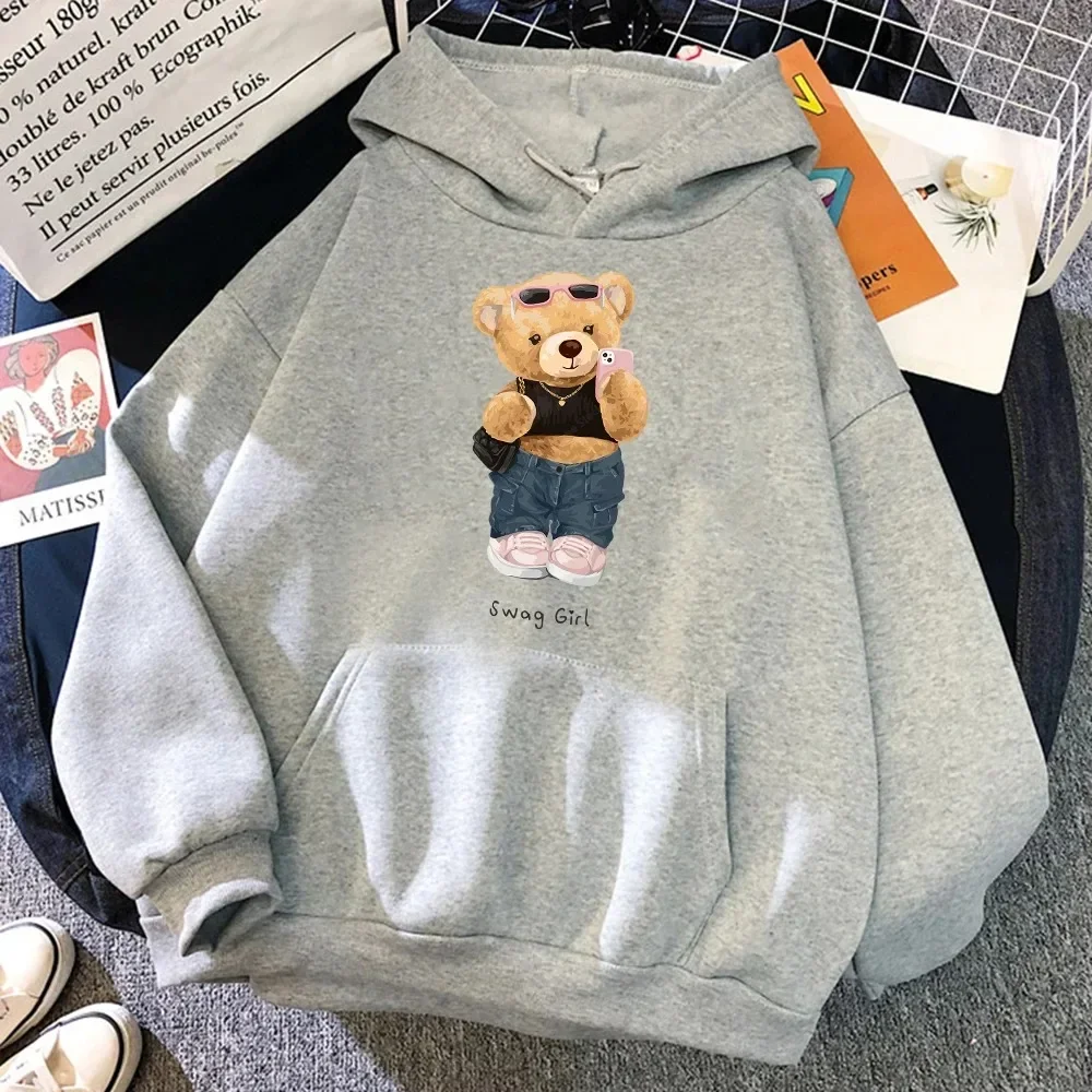 Street Teddy Bear Selfie Booty Girl Funny Plus Size Ladies Breathable Loose Hoodie Pocket Sweatshirt Soft Crew Neck Hoodie