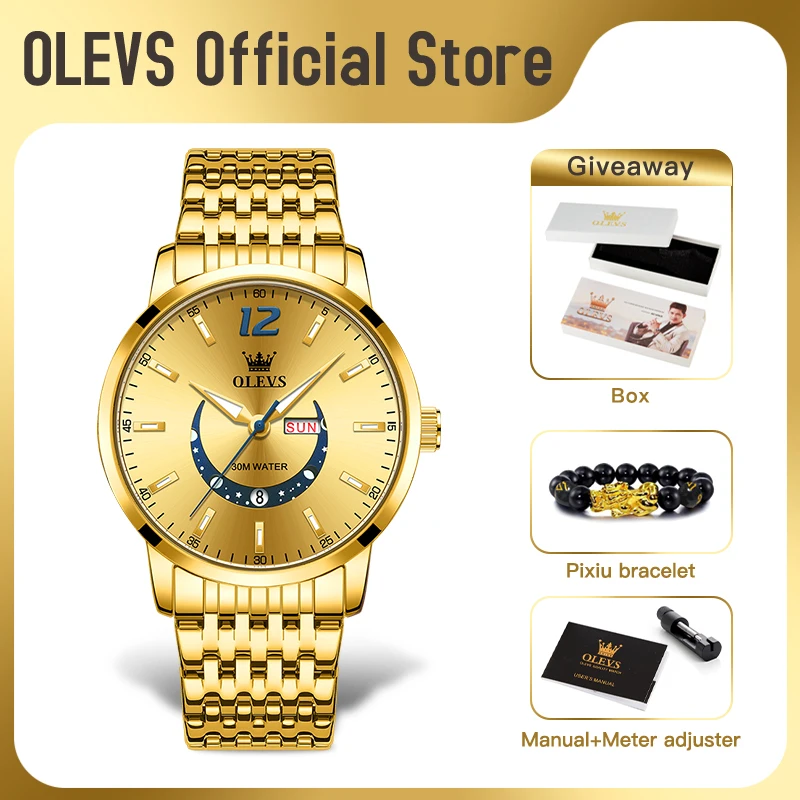 OLEVS TY710 Mens Watch Fashion Trend Crescent Shaped Dial Original Quartz Wristwatch Waterproof Luminous Dual Calendar Display