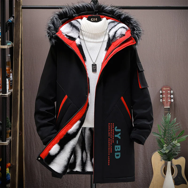 Winter Warm Coats Men High Quality Hat Wool Collar Long Cotton Jacket Man Velvet Thick Warm Cotton Men's Fashionable Coat