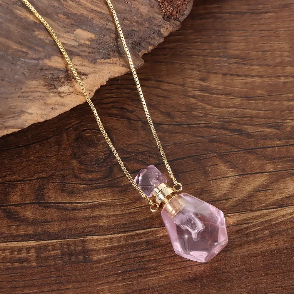 Women Natural Stone Pendant Necklace Wishing Bottle Crystal Perfume Essential Oil Diffuser Vial Jewelry  Rose Quartzs Amethysts