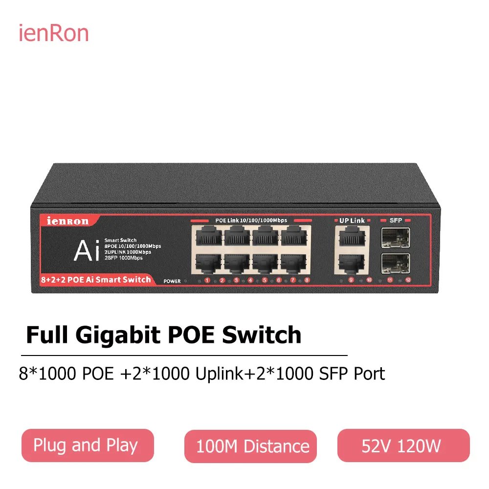 Ienron 12 Ports POE Switch 8 Ports Full Gigabit Network Switch POE Ethernet Switch High Performance RJ45 Hub Internet Splitter