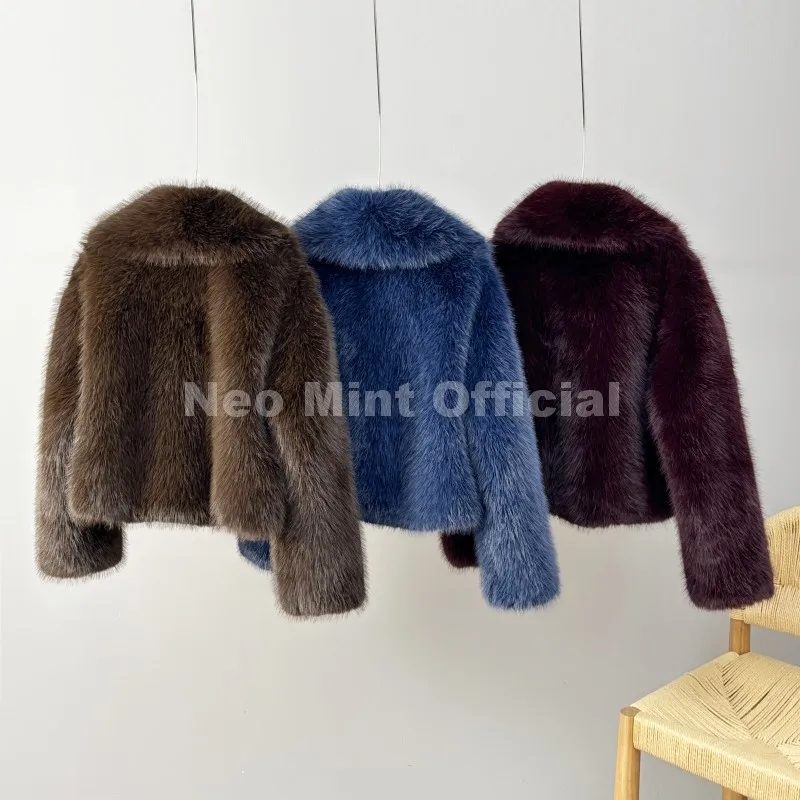 Neo Mint Winter 2025 Trendy Brown Obsession Cropped Shawl Collar Faux Fur Coat Women Jacket Chic Girls Brand Fox Fur Outerwear