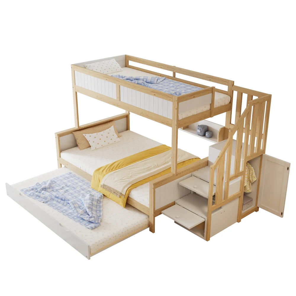 PINGGO Etagenbett 90x200/90x190/120x200cm mit Fallschutzgitter, 3-stöckiges Rollbett mit Kleiderschrank und Eck-Treppe, ohne Matratze – Detail 9