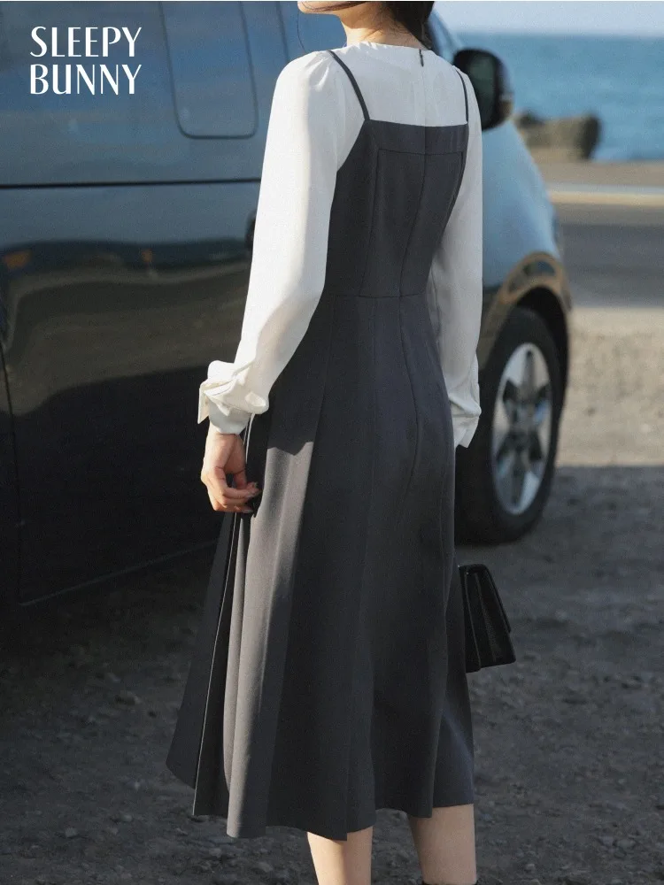 

Layered Look Long Sleeve Dress for Women Lady Elegant Slim Fit Waist Defined Midi Dress Casual Academic Style Spring Daily Wear