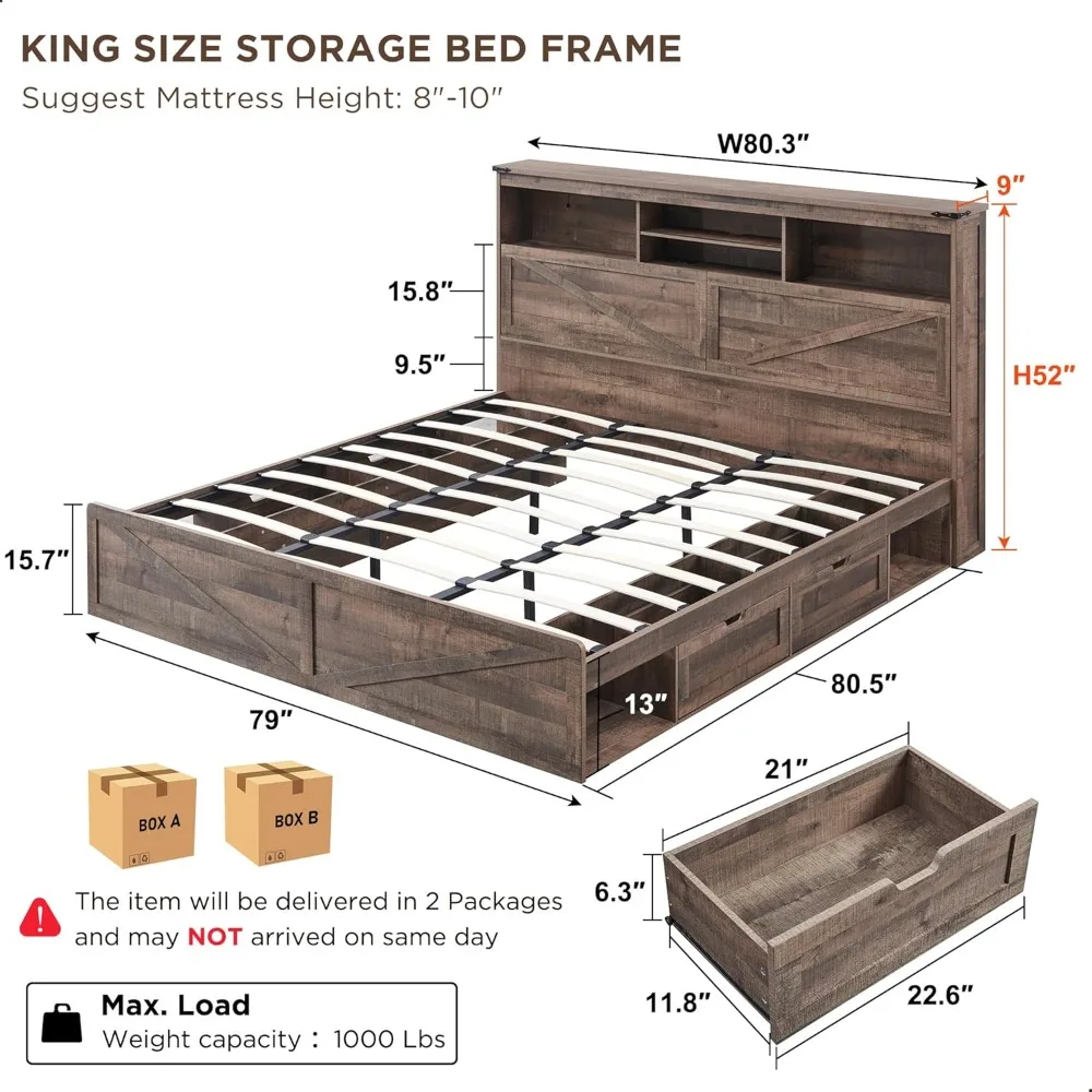 King-size wooden bed frame, 52-inch high storage headboard, 4 drawers, solid wood slatted support, no need for a spring mattress