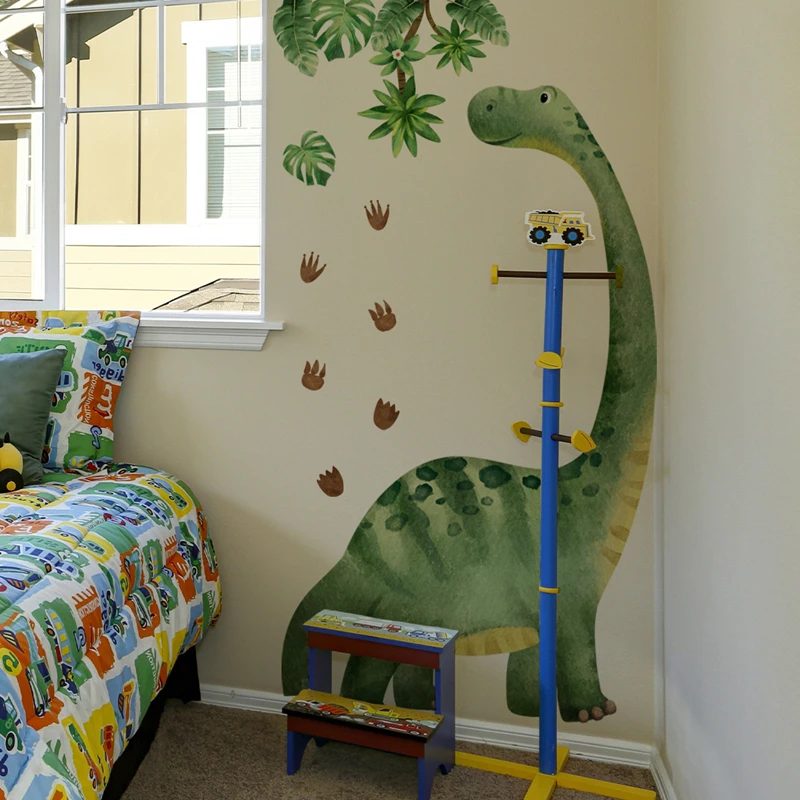 Cartoon Baby Dinosaur Green Leaf Footprint Vinyl Wall Stickers Home Decoration for Kids Room Puzzle Game Giant Animal Poster